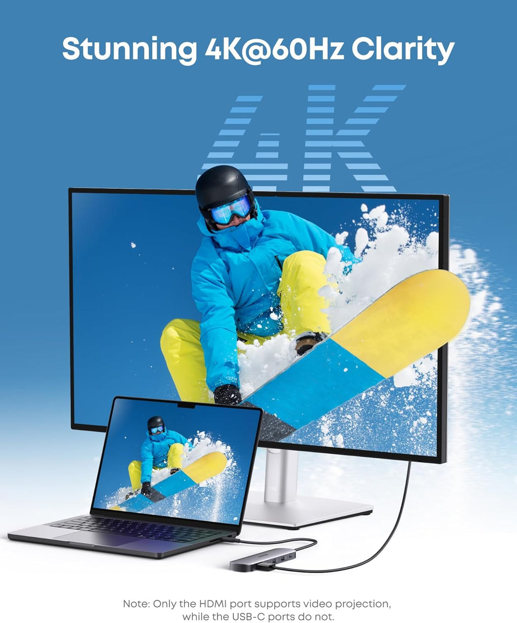 Anker 4K display clarity with laptop and monitor showing snowboarder