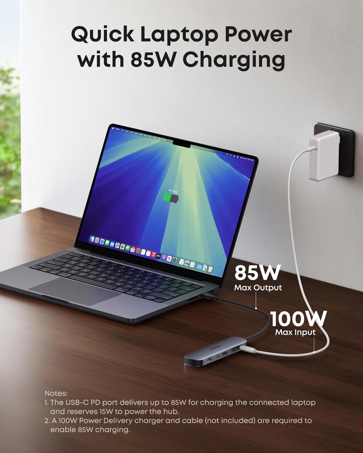 Anker with laptop offering quick 85W charging for Hub.