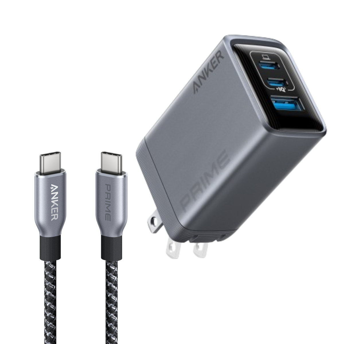 Anker Prime Charger (100W, 3 Ports, GaN) and Anker Prime USB-C to USB-C Cable (240W, Upcycled-Braided)
