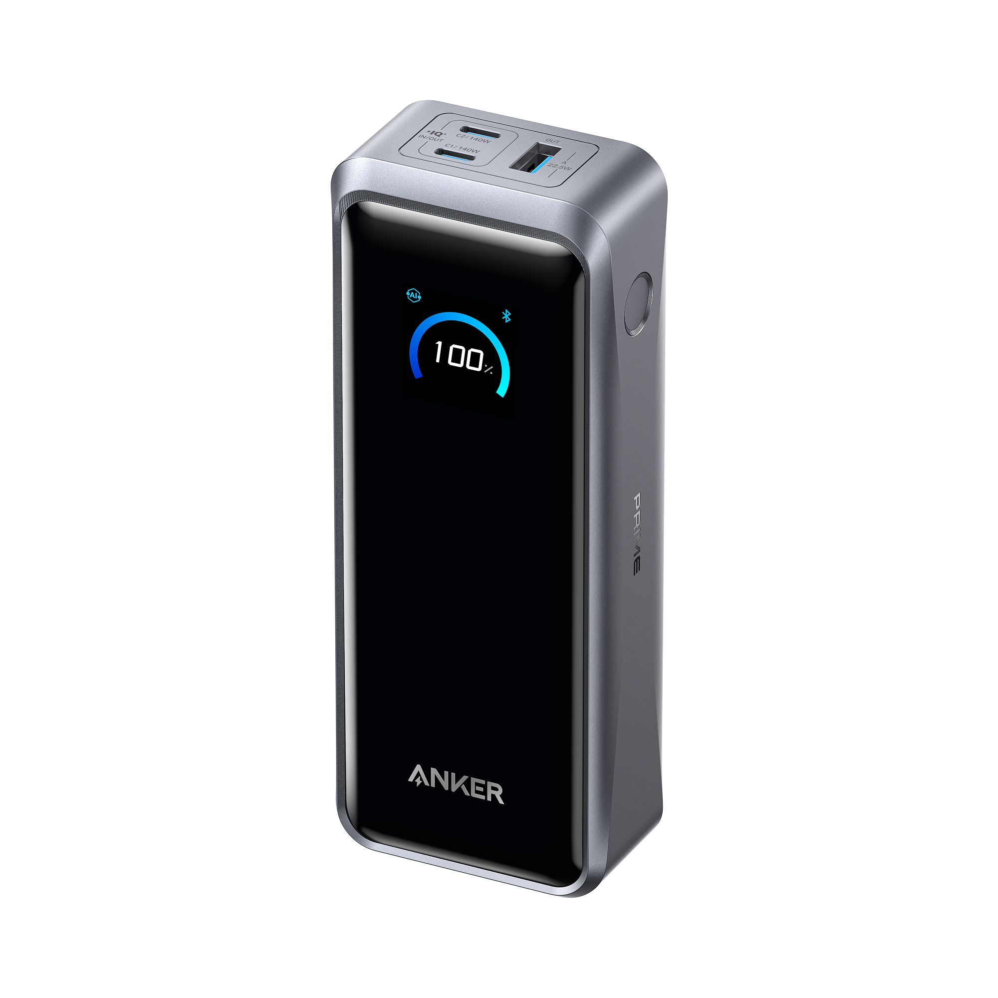 Anker portable charger with digital display showing 100% for Keyword