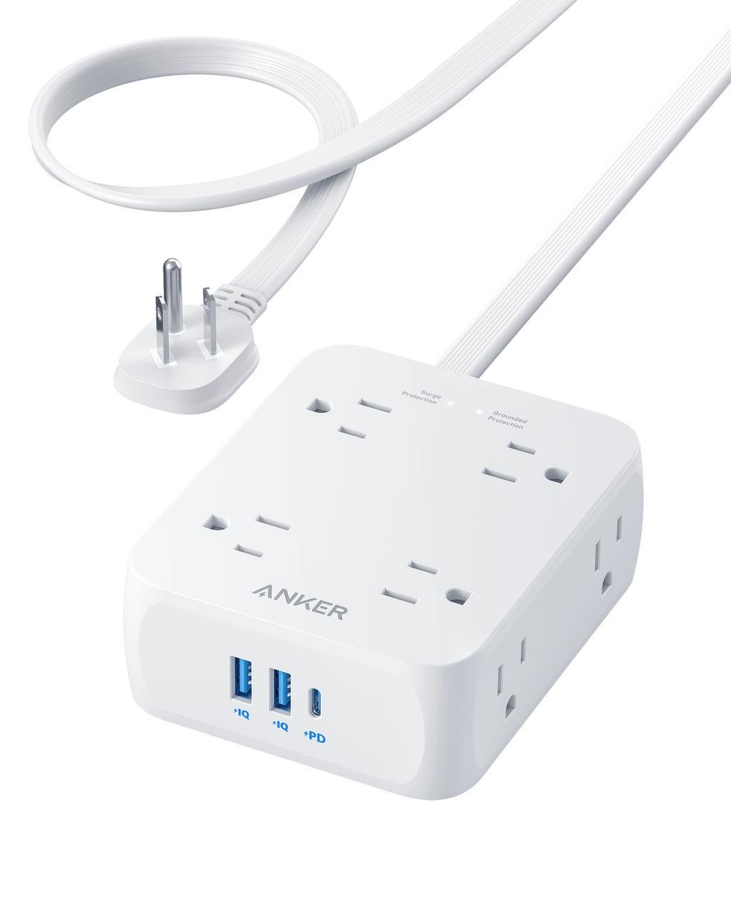 Anker surge protector with USB ports for multiple device charging.