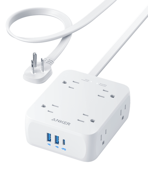 Anker surge protector with USB ports for multiple device charging.
