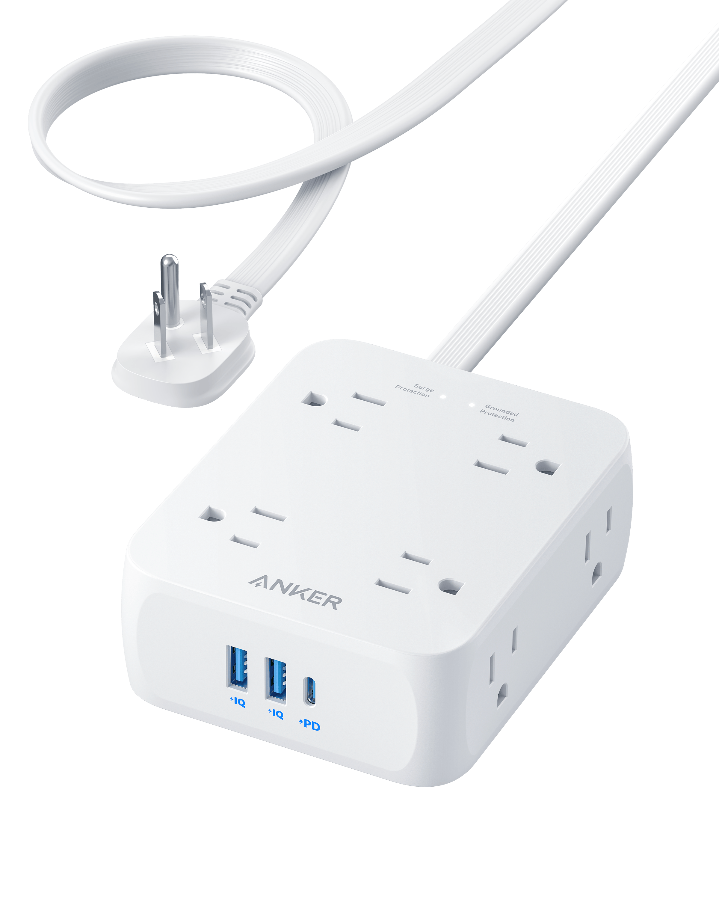 Anker surge protector with USB ports for multiple device charging.