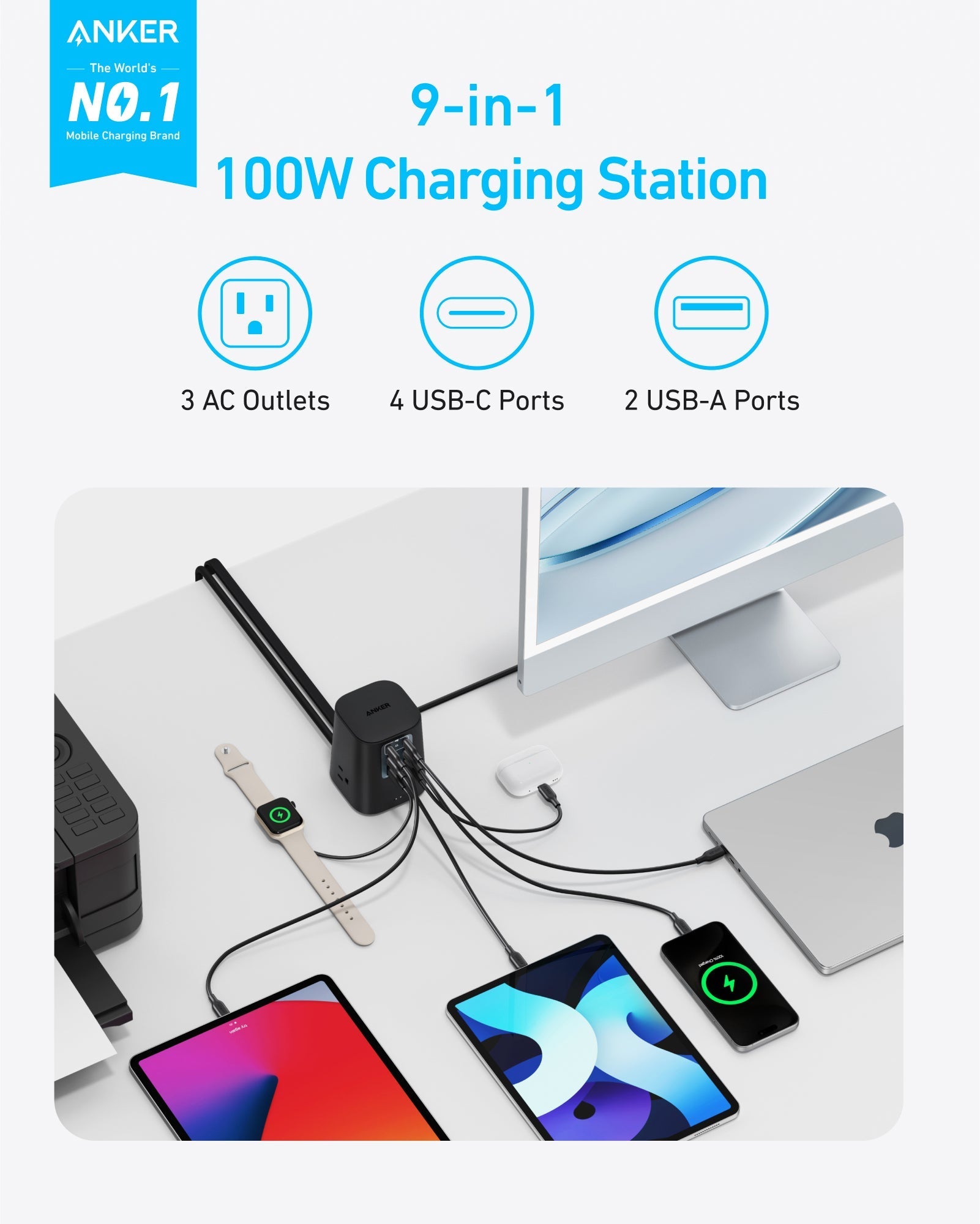 Anker 100W charging station with multiple devices, watch and tablet