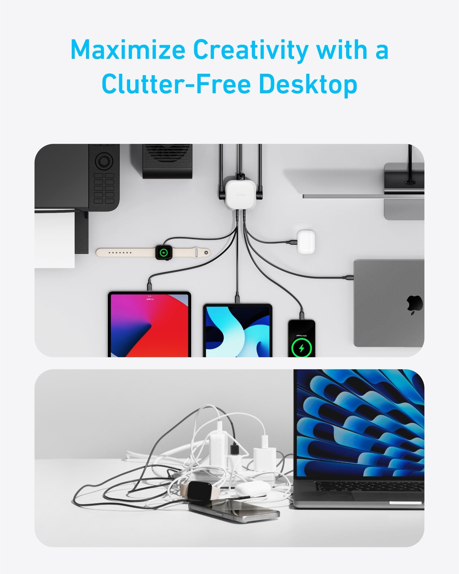 Anker desktop with organized cables for clutter-free workspace