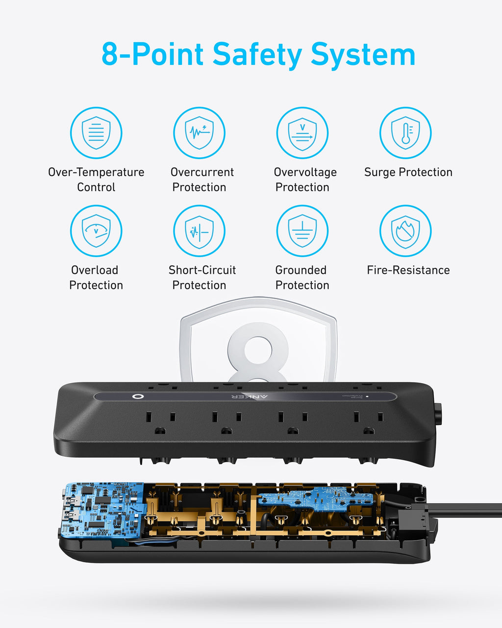Anker power strip showing internal parts with 8-point safety system