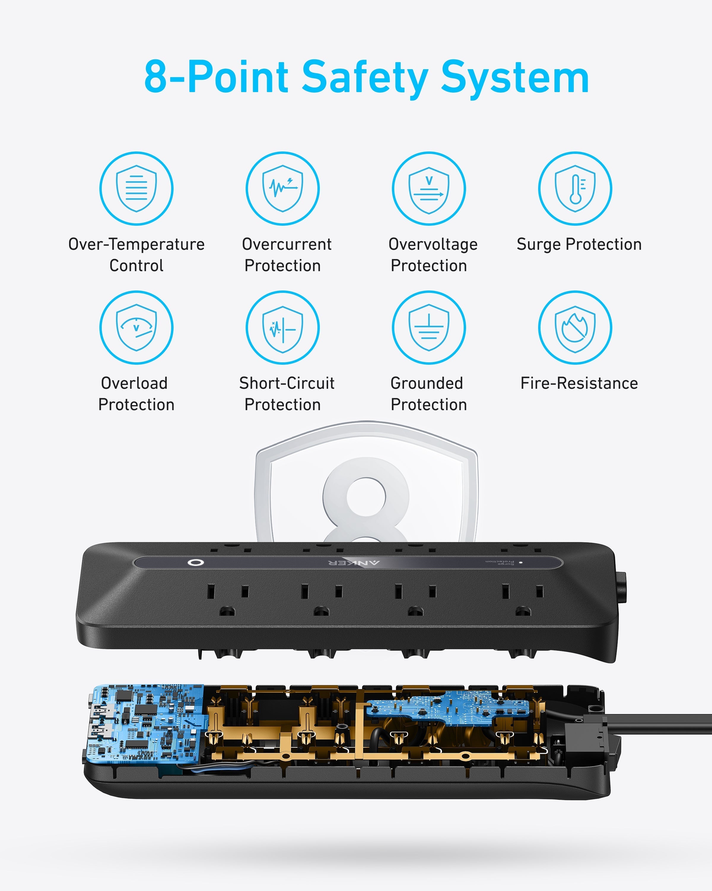 Anker power strip showing internal parts with 8-point safety system