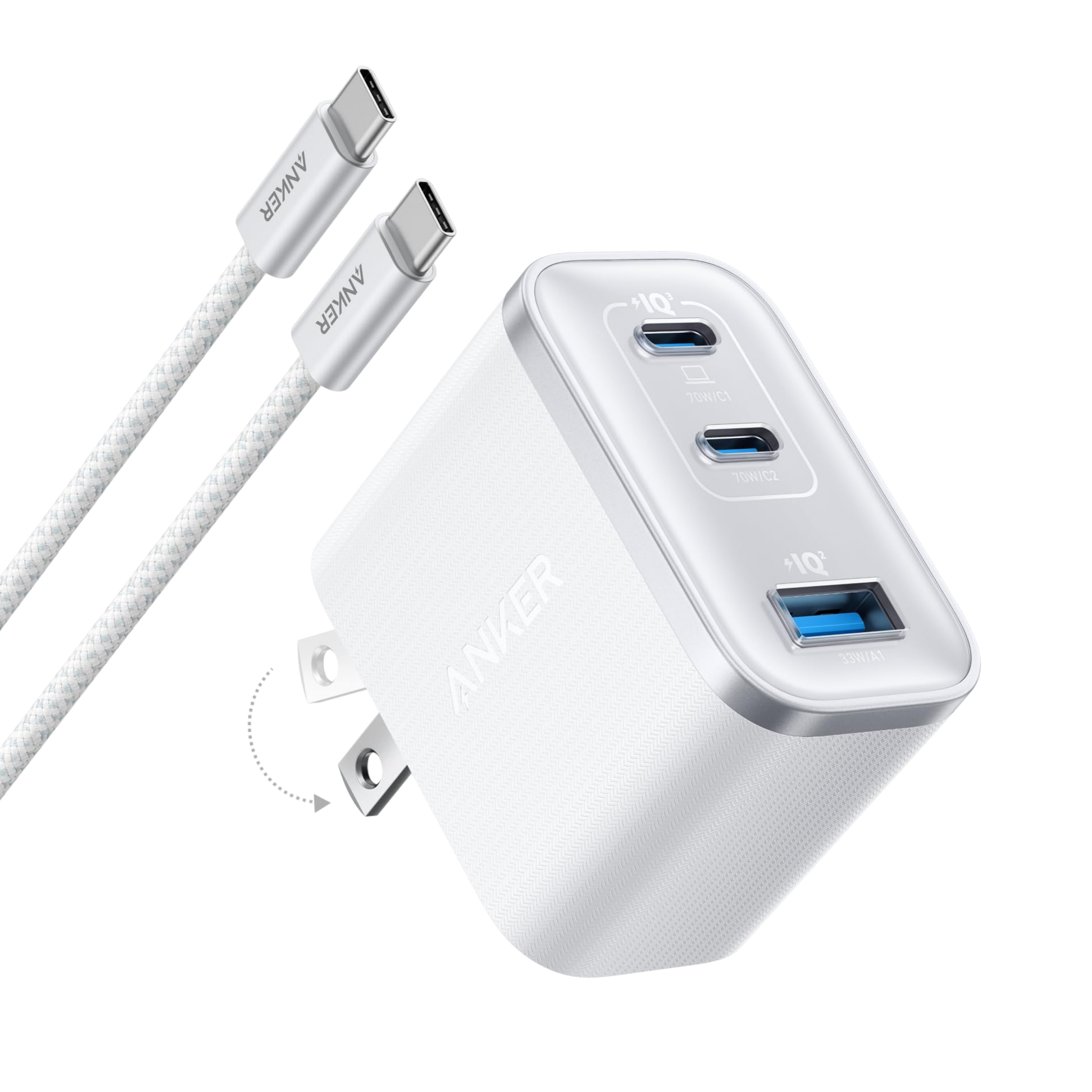Anker charger with two USB-C and one USB-A ports for fast charging