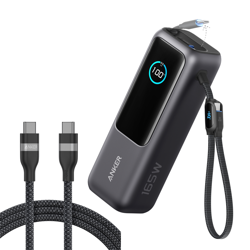 Bundle kit: Anker Laptop Power Bank (25K, 165W, Built-In and Retractable Cables) and Anker USB-C to USB-C Cable (6 ft, 240W, Upcycled-Braided)