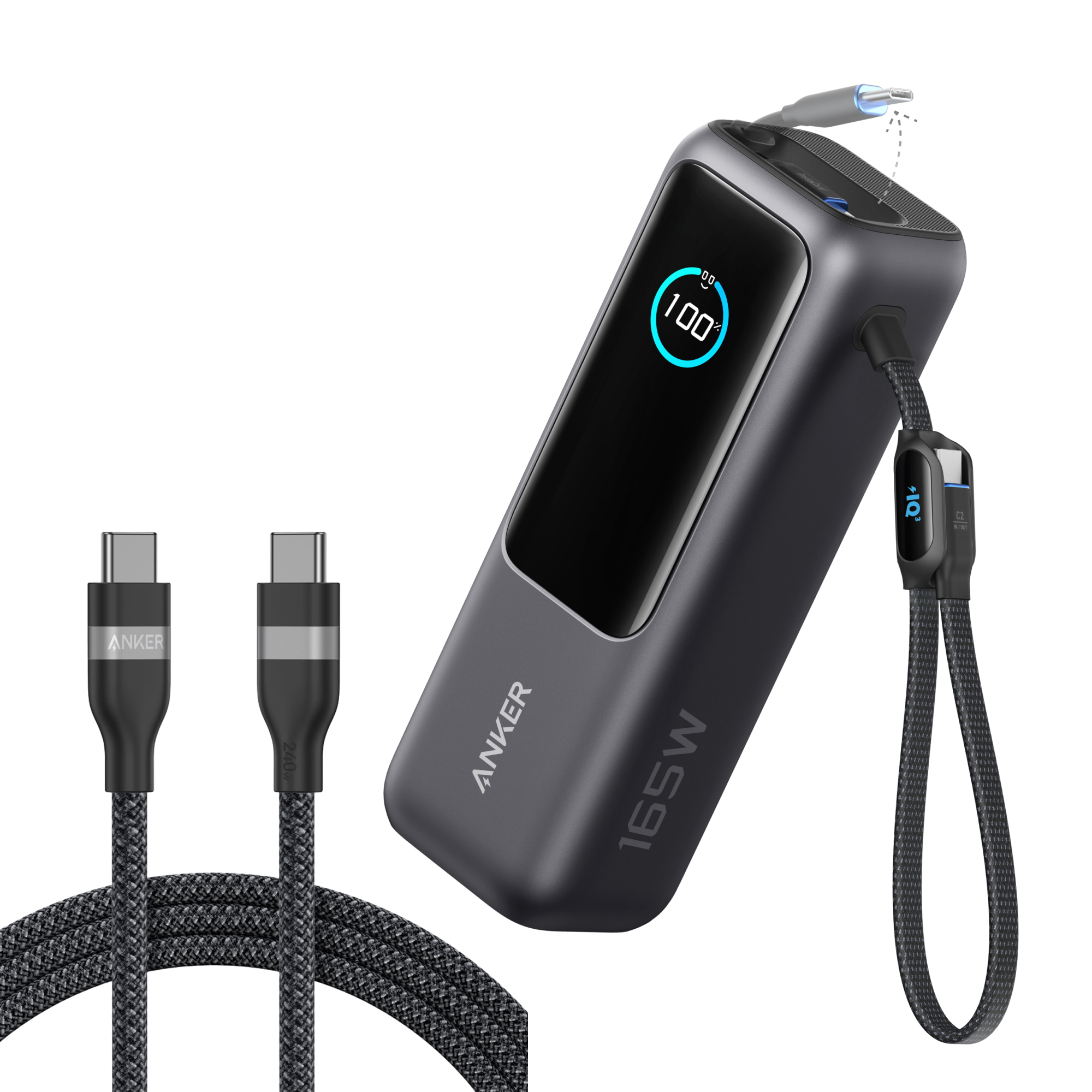Bundle kit: Anker Laptop Power Bank (25K, 165W, Built-In and Retractable Cables) and Anker USB-C to USB-C Cable (6 ft, 240W, Upcycled-Braided)
