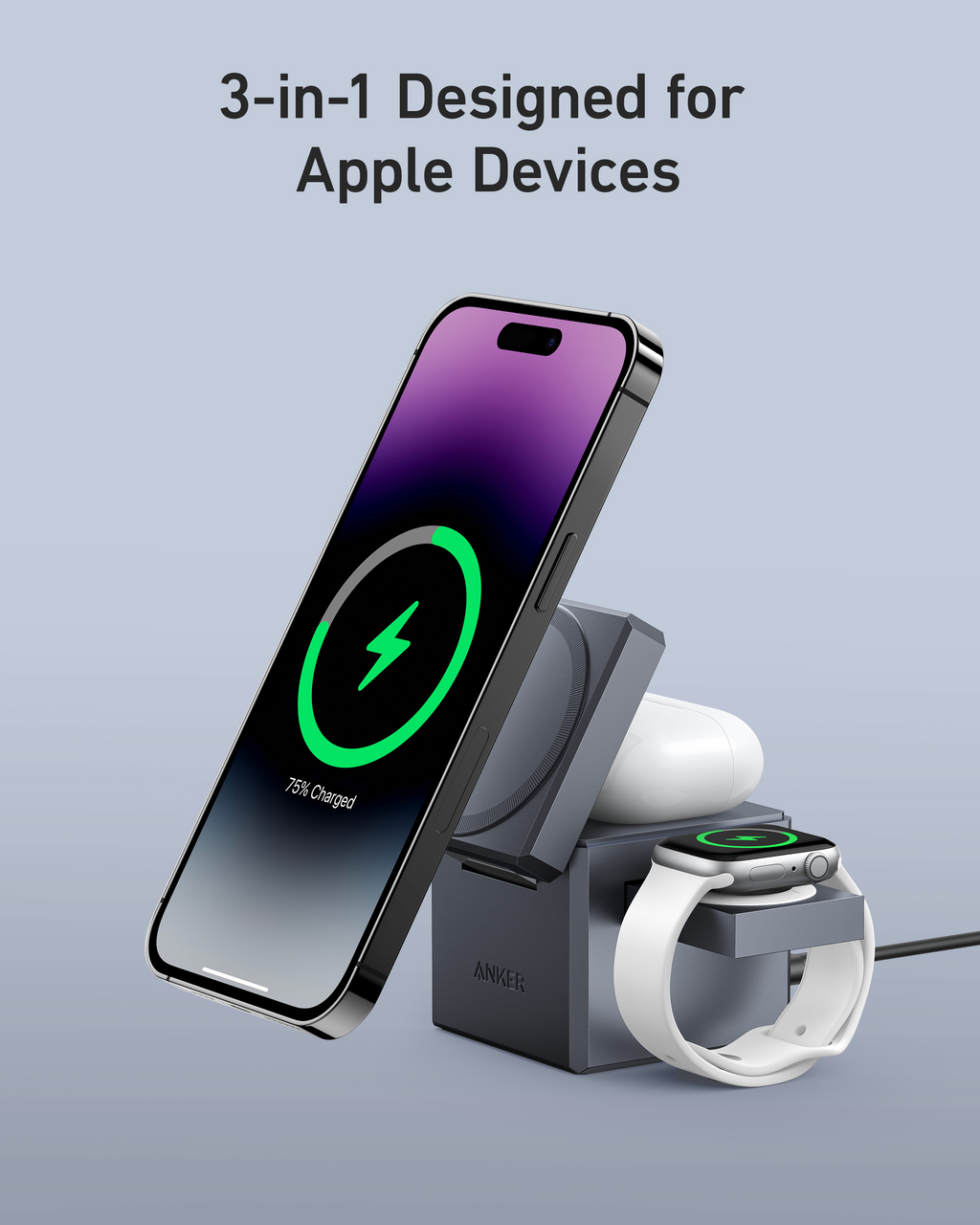 Anker charging station with phone, earbuds, watch dock