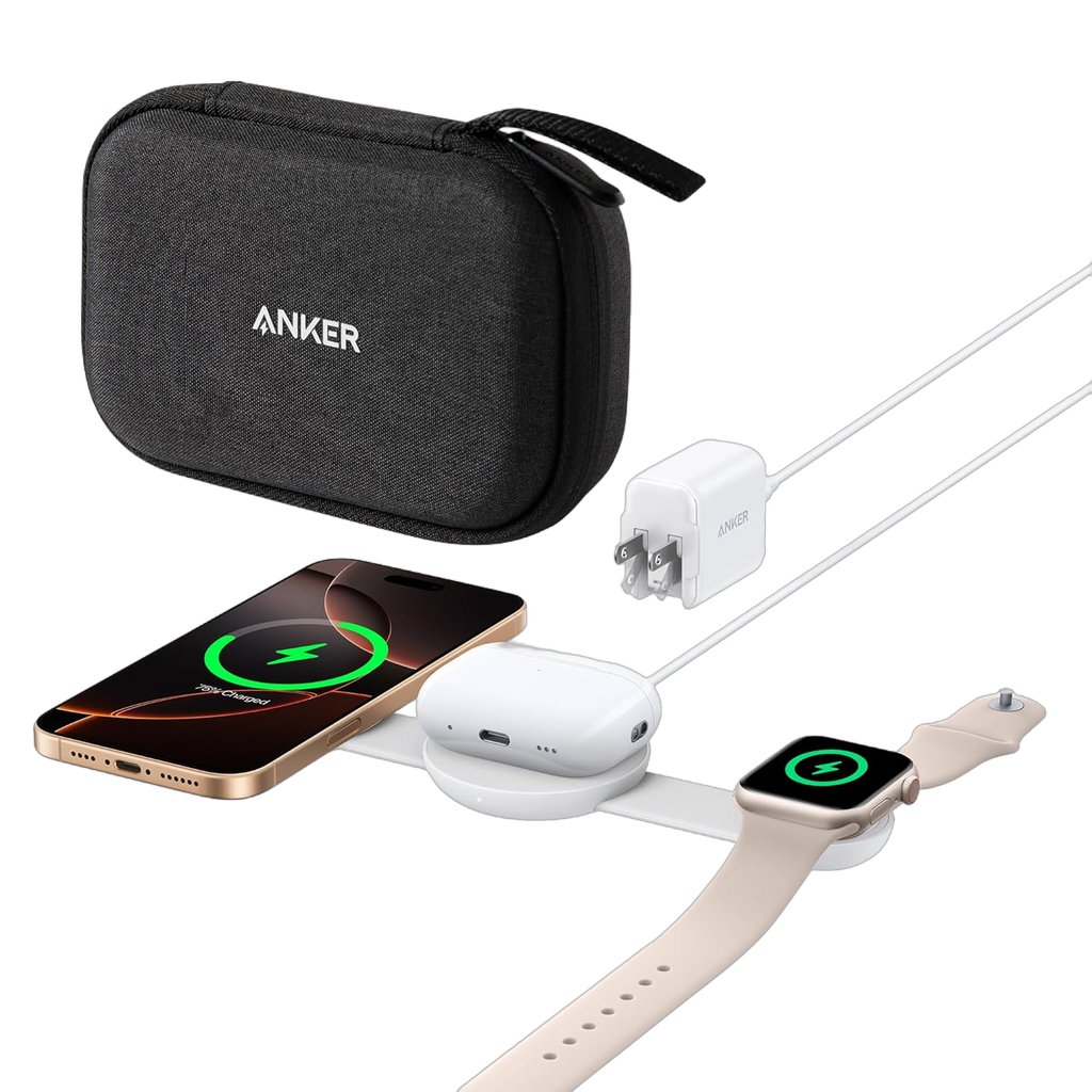 Anker MagGo Wireless Charging Station (3-in-1, Foldable Pad, Aurora White, with Travel Case & Adapter)